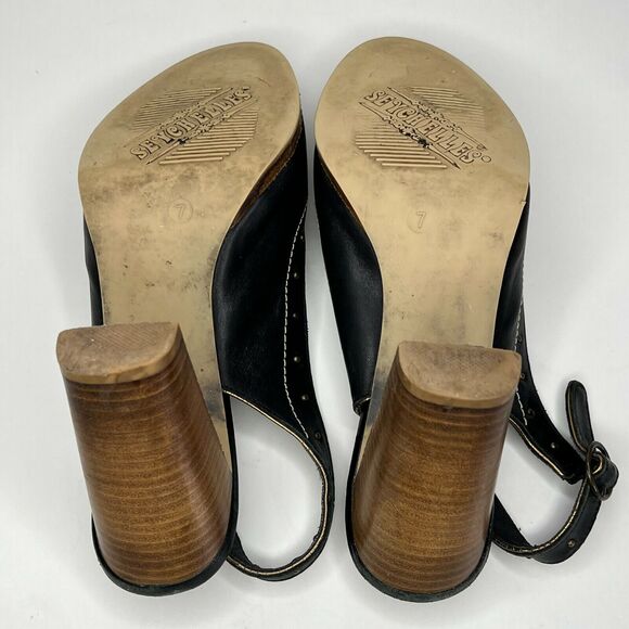 Seychelles Size 7 Singback Open Toe Black Leather Wood Block Heel Studded - Picture 10 of 11